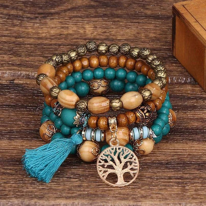 Bohemian Layered Wood Bead Bracelet Set, Elastic Stackable Bracelets with Tree of Life Charm & Tassel - color: malachite green