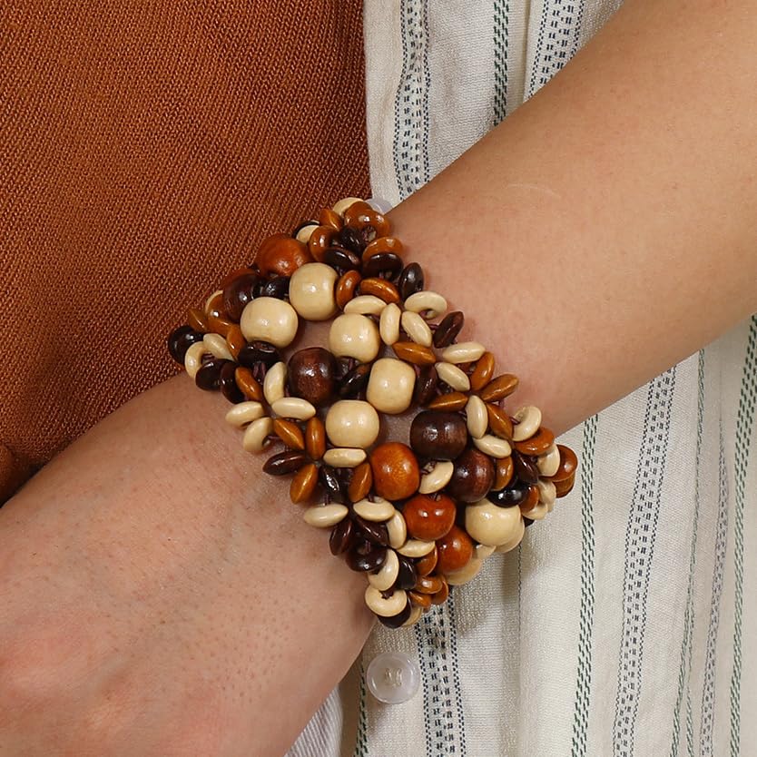 COLORFUL BLING Handmade Natural Wooden Beads Cuff Bracelet Woven Chunky Geometric Bangle for Women Summer Beach Boho Jewelry - color: mix flat