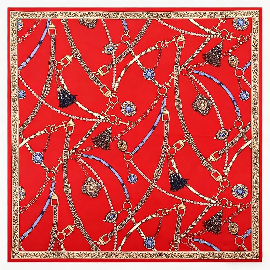 ANDANTINO 100% Mulberry Silk Scarf -21” Lightweight Square Neckerchief – Breathable Digital Printed Scarves with Gift Packed - color: Chains-gold&red