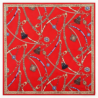 ANDANTINO 100% Mulberry Silk Scarf -21” Lightweight Square Neckerchief – Breathable Digital Printed Scarves with Gift Packed - color: Chains-gold&red