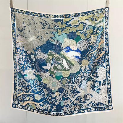 ANDANTINO 100% Pure Mulberry Silk Scarf 35" Large Square Lightweight Headscarf –Women’s Hair Wraps-With Gift Packed - color: Green&blue