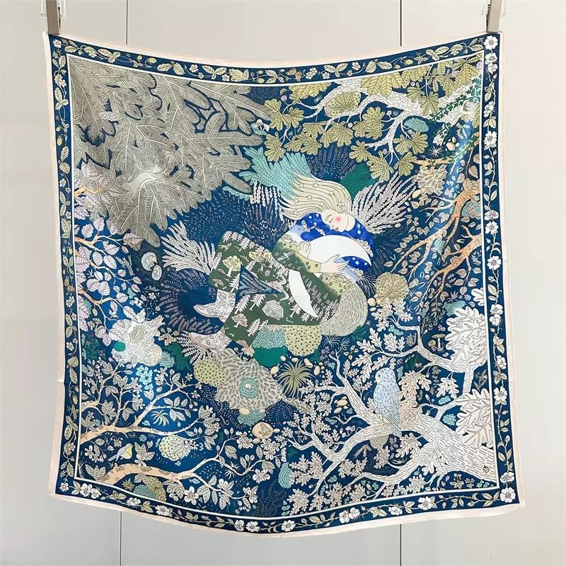 100% Pure Mulberry Silk Scarf 35" Large Square Lightweight Headscarf –Women’s Hair Wraps-With Gift Packed - color: Green&blue