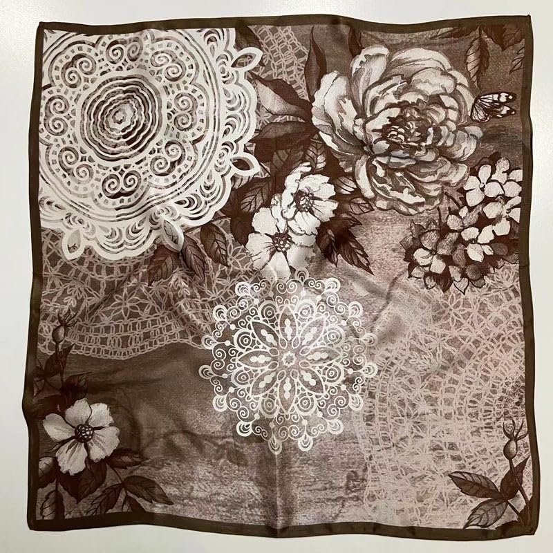 ANDANTINO 100% Mulberry Silk Square Scarf for Hair-25.6" X25.6'' Women Men Natural Silk Neckerchief Digital Printed Headscarf - color: Flowers-coffee
