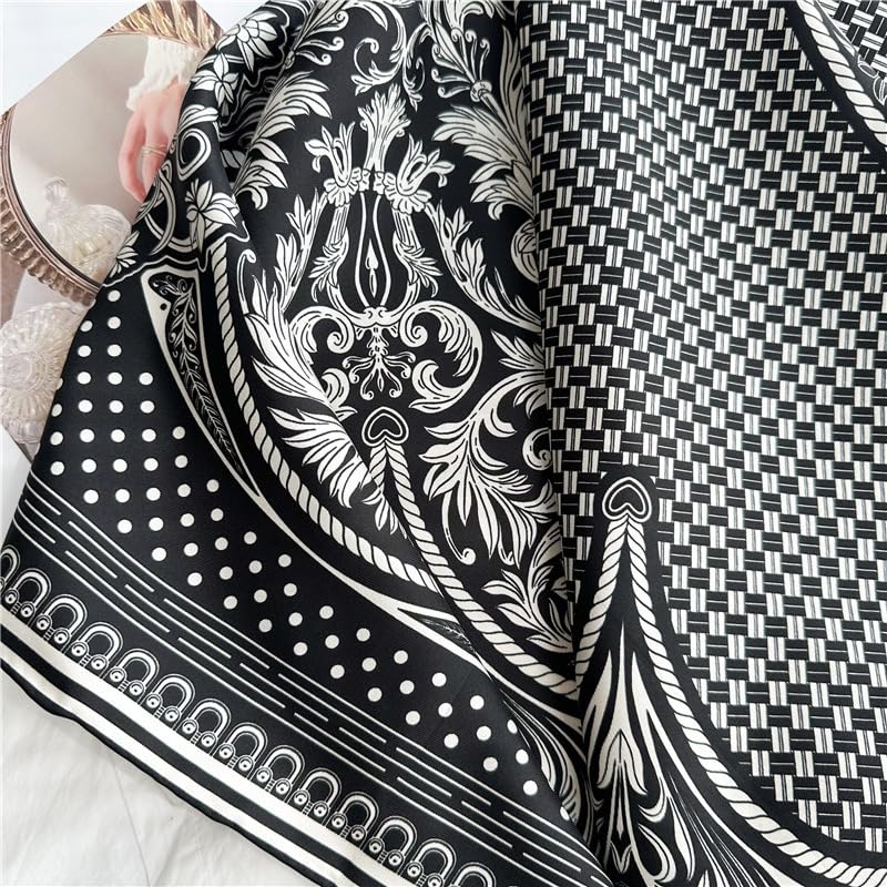 ANDANTINO 100% Pure Mulberry Silk Scarf 35" Large Square Lightweight Headscarf –Women’s Hair Wraps-With Gift Packed - color: Black & Creamy White