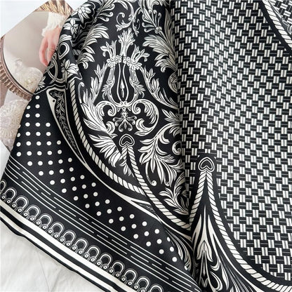 ANDANTINO 100% Pure Mulberry Silk Scarf 35" Large Square Lightweight Headscarf –Women’s Hair Wraps-With Gift Packed - color: Black & Creamy White