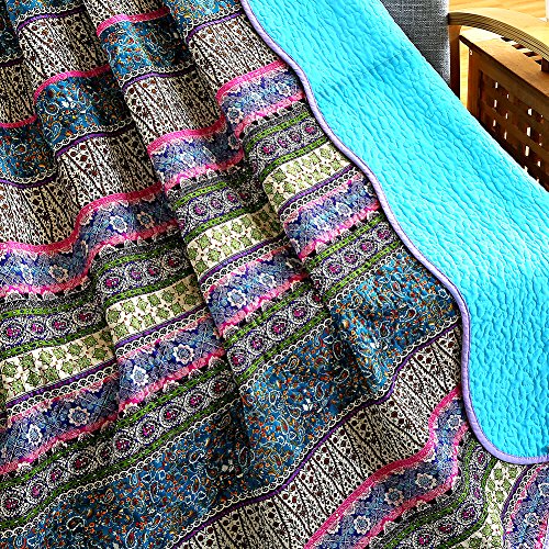 NEWLAKE Quilt Throw Blanket with Reversible Floral Patchwork, Blue Jacquard, 60X78 Inch - color: Ocean Blue