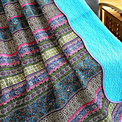 NEWLAKE Quilt Throw Blanket with Reversible Floral Patchwork, Blue Jacquard, 60X78 Inch - color: Ocean Blue