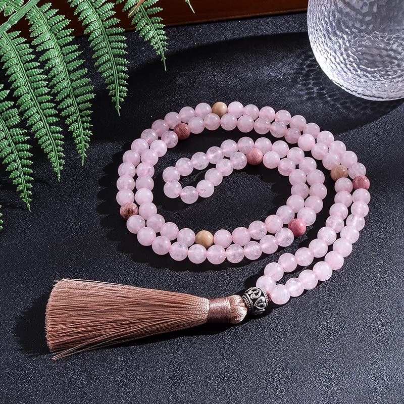 108 Mala Prayer Beads Necklace 8mm Natural Stones Meditation Yoga Jewelry Sets 108 Hand Made Japa Mala Beaded Long Tassel Necklace with Tassel Pendant for Men and Women - color: Rose quartz