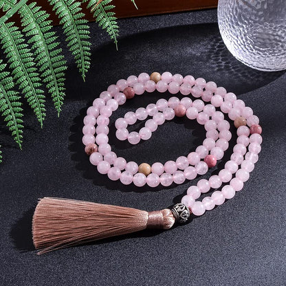 108 Mala Prayer Beads Necklace 8mm Natural Stones Meditation Yoga Jewelry Sets 108 Hand Made Japa Mala Beaded Long Tassel Necklace with Tassel Pendant for Men and Women - color: Rose quartz