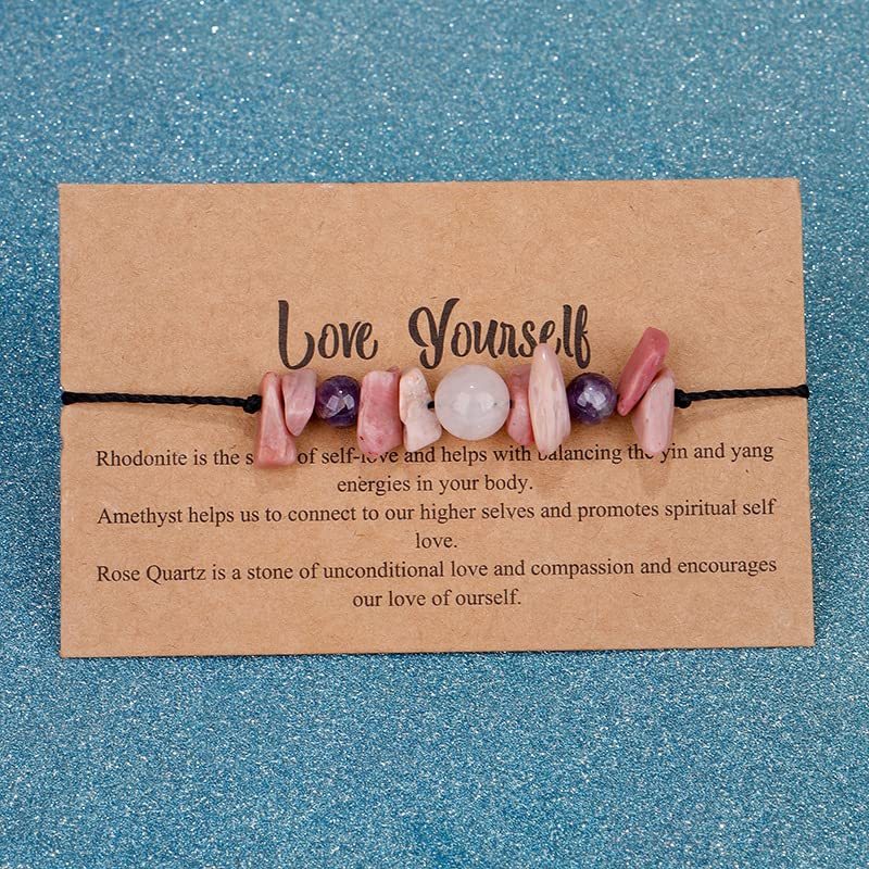 COLORFUL BLING Handmade Healing Chakra Beaded Bracelet with Spiritual Meaningful Card Crystal Natural Stone Strand Bracelet for Women Reiki Yoga Meditation Jewelry Protection Gifts - color: pink