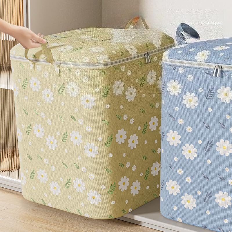 1pack Large Blue Foldable Clothes Storage Bag with Zipper & Handles - Quilt Organizer for Bedding, Blankets & Wardrobe