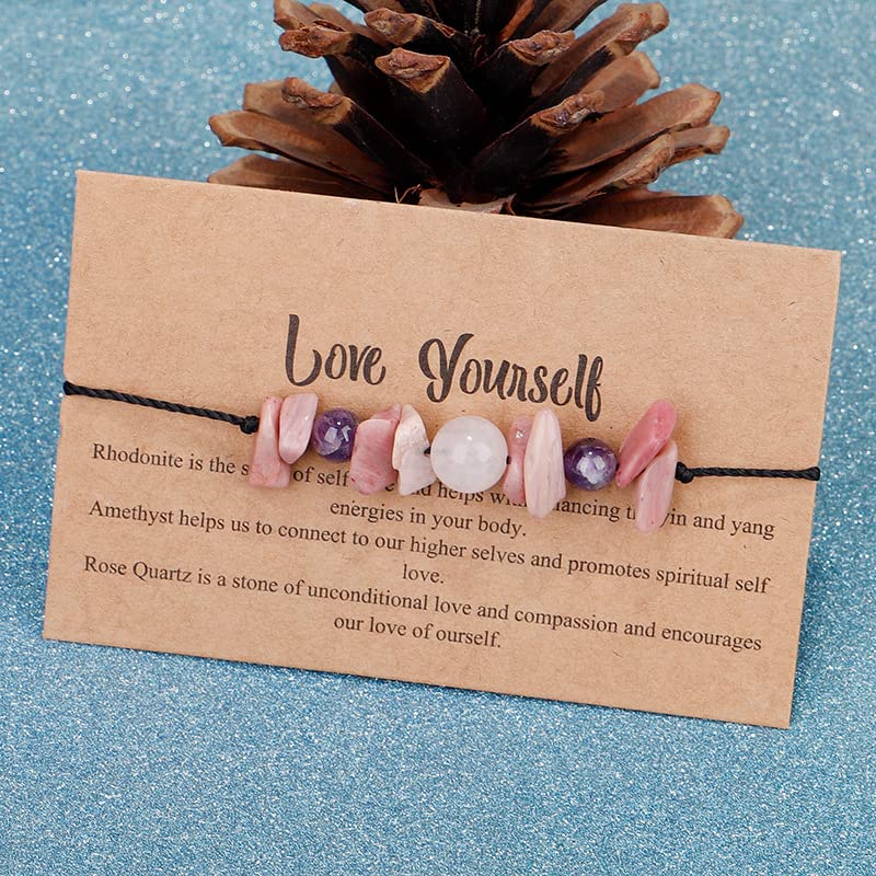 COLORFUL BLING Handmade Healing Chakra Beaded Bracelet with Spiritual Meaningful Card Crystal Natural Stone Strand Bracelet for Women Reiki Yoga Meditation Jewelry Protection Gifts - color: pink