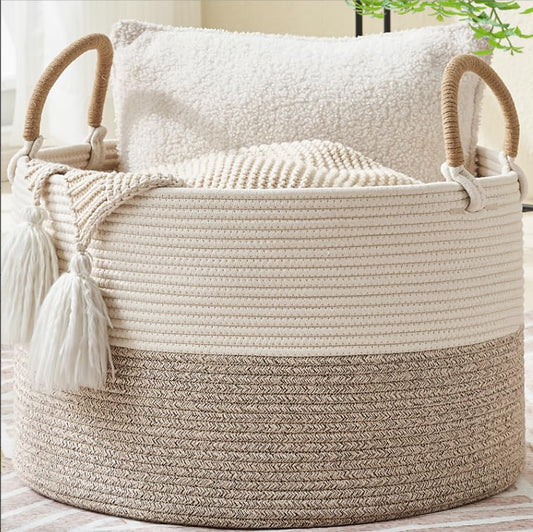KAKAMAY Cotton Rope Storage Basket (20"x13"),Woven Hamper for Blankets,Toys,Pillows,Clothes,Laundry,Sturdy Handles Decorative Basket for Living Room, Bedroom,Nursery(Beige) - color: Beige Mix