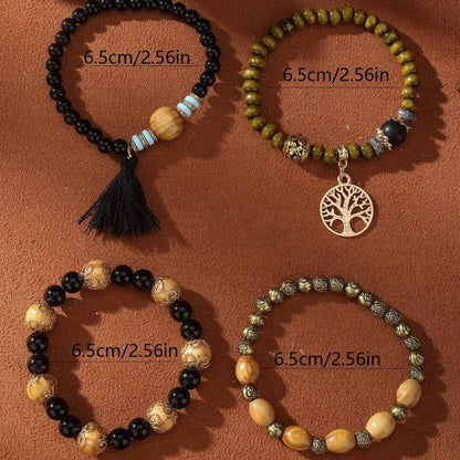 Bohemian Layered Wood Bead Bracelet Set, Elastic Stackable Bracelets with Tree of Life Charm & Tassel - color: Black