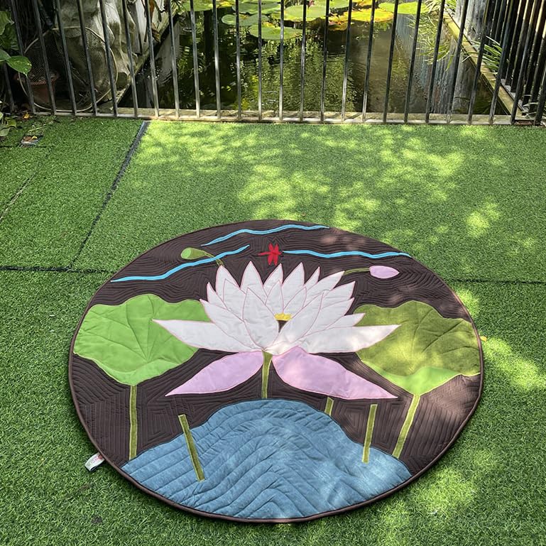 Handmade Lotus Applique Meditation Rug, Round Quilted Floor Mat, 43.3 Inch Cotton Patchwork Decor Rug for Yoga, Zen Space & Living Room