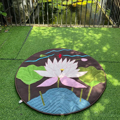 Handmade Lotus Applique Meditation Rug, Round Quilted Floor Mat, 43.3 Inch Cotton Patchwork Decor Rug for Yoga, Zen Space & Living Room