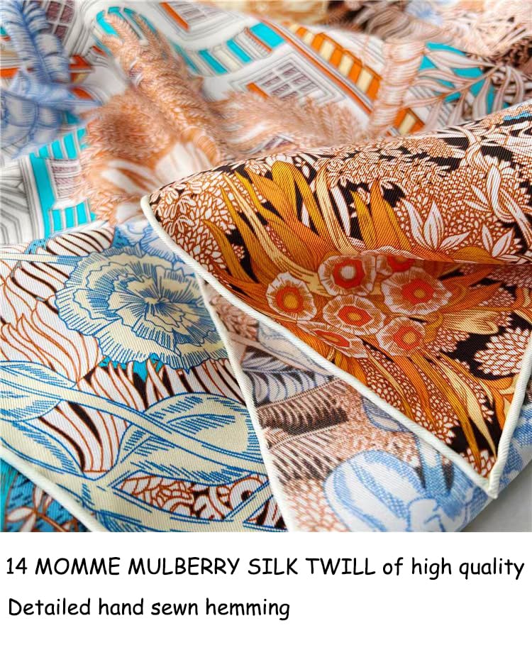 100% Pure Mulberry Silk Scarf 35" Large Square Lightweight Headscarf –Women’s Hair Wraps-With Gift Packed - color: Brown&blue-twill