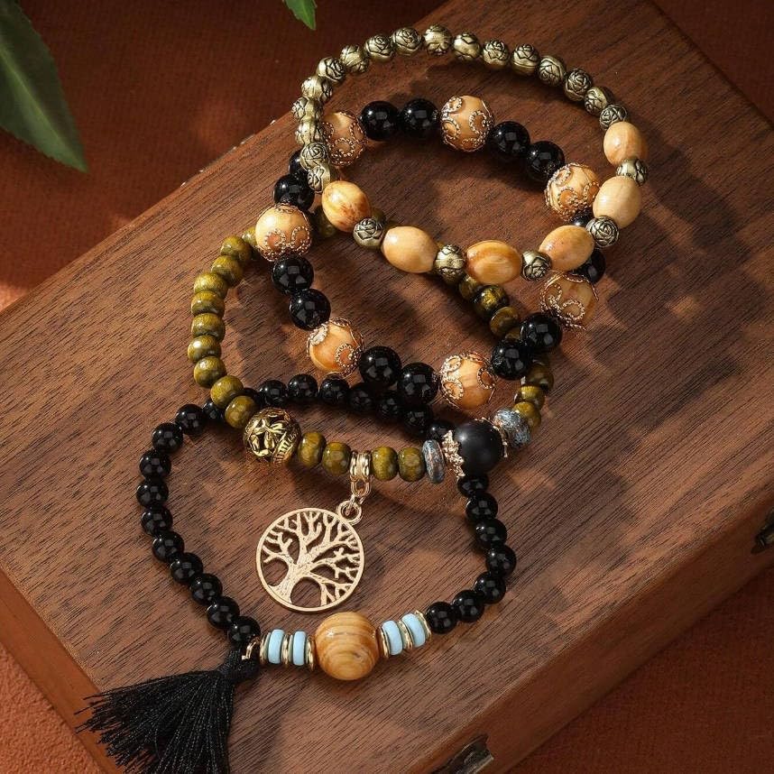 Bohemian Layered Wood Bead Bracelet Set, Elastic Stackable Bracelets with Tree of Life Charm & Tassel - color: Black