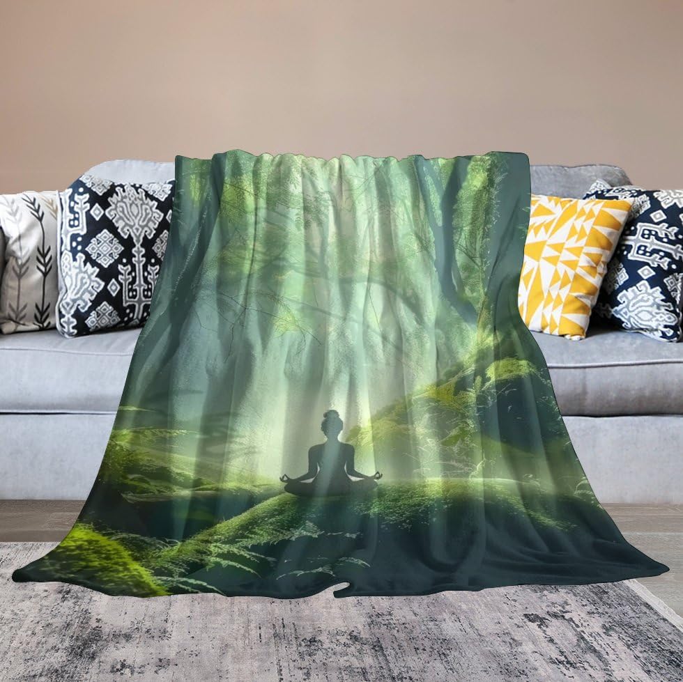 Woman Meditation Jungle Green Ultra Soft Flannel Fleece Bed Blankets Lightweight Cozy Throw Blanket Room Decor for Couch Chair Bedroom Adults Bedding Cozy Blanket Outdoor Travel Blankets 30"x4 - size: 40L" x 30W"