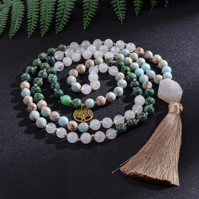 108 Mala Prayer Beads Necklace Natural Stones Meditation Yoga Jewery 108 Hand Knotted Japa Mala Beaded Long Tassel Necklace with Tree of Life Pendant for Men and Women - color: green+blue+white