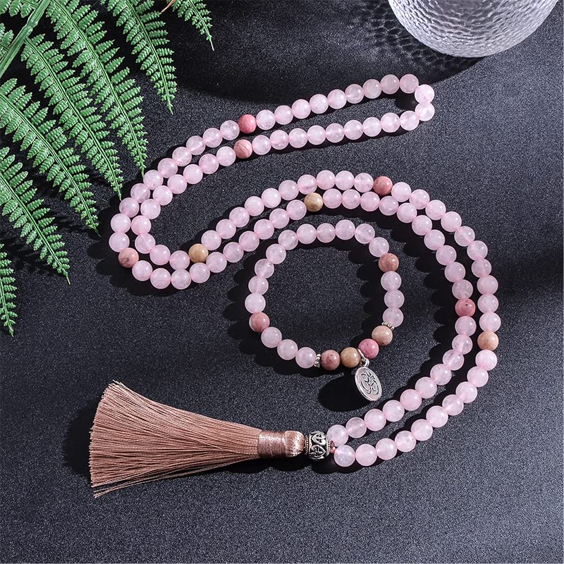108 Mala Prayer Beads Necklace 8mm Natural Stones Meditation Yoga Jewelry Sets 108 Hand Made Japa Mala Beaded Long Tassel Necklace with Tassel Pendant for Men and Women - color: Rose quartz