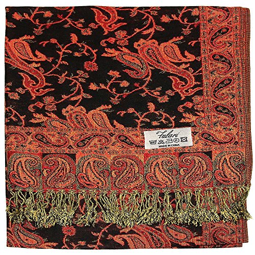 Falari Women's Reversible Paisley Pashmina Shawl Wrap Scarf For Evening Dresses Festivals Any Occasions All Seasons 80"x27" - color: Style 1 - Black Rust