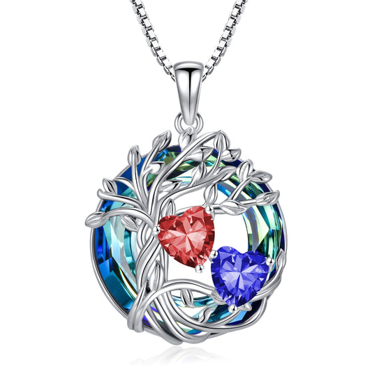 TOUPOP s925 Sterling Silver Family Celtic Tree of Life Pendant Necklaces with 2 Heart Birthstone with Blue Austrian Crystal Jewelry Birthday Valentines Day Gifts for Her, Anniversary Christmas Gifts for Wife Girlfriend Mom (18K Real White Gold Filled) - c