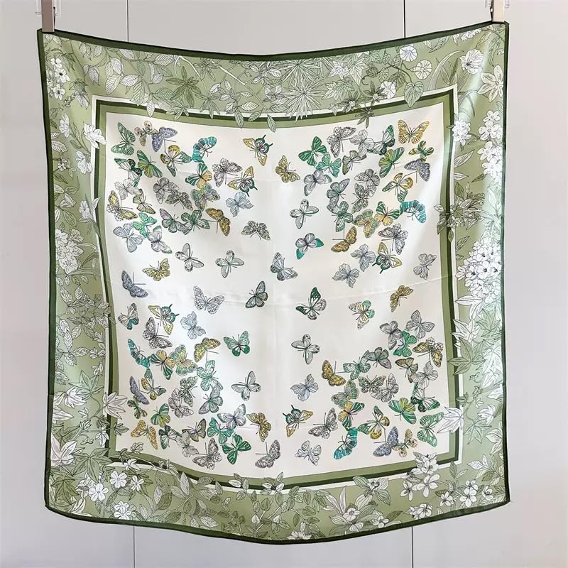 100% Pure Mulberry Silk Scarf 35" Large Square Lightweight Headscarf –Women’s Hair Wraps-With Gift Packed - color: Butterflies-light Green