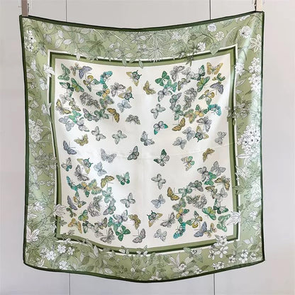 100% Pure Mulberry Silk Scarf 35" Large Square Lightweight Headscarf –Women’s Hair Wraps-With Gift Packed - color: Butterflies-light Green