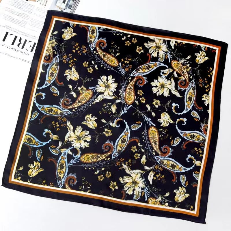 ANDANTINO 100% Mulberry Silk Scarf -21” Lightweight Square Neckerchief – Breathable Digital Printed Scarves with Gift Packed - color: Flowers-black