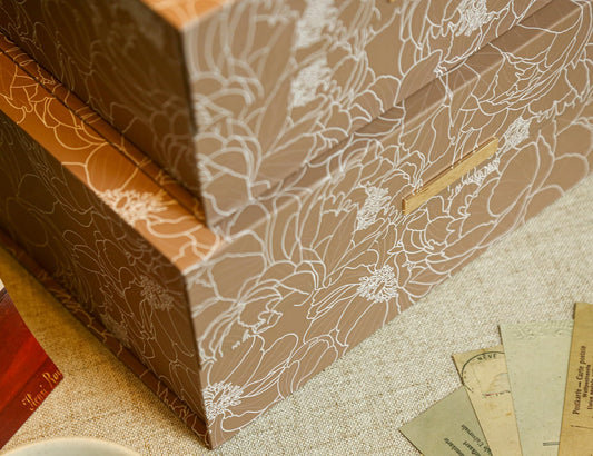 2-Piece Decorative Keepsake Storage Boxes with Lids, Warm Cocoa Brown Floral Line Art Design, Memory Boxes with Decorative Metal Accents, Stackable Decorative Storage for Home Décor - color: Warm Cocoa Brown